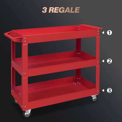 Chariot de rangement professionnel 3 étagères, 4 roulettes pivotantes, acier rouge, 83x35,3x76 cm (1/4)