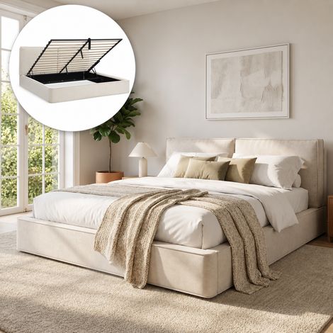 Lit coffre 180x200 cm en chenille – Rangement sous le lit avec mécanisme hydraulique – Sommier à lattes – Tête de lit rembourrée – Beige (1/5)