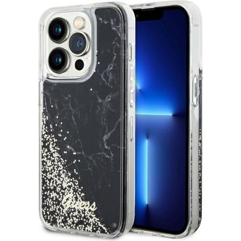 Funda rígida Guess GUHCP14LLCSGSGK para iPhone 14 Pro de 6.1 pulgadas, color negro/negro, con efecto mármol y purpurina líquida. (1/5)
