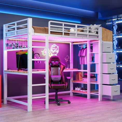Lit superposé en métal 90×200 cm, bureau de gaming intégré avec prises électriques, ports USB et Type-C, bande lumineuse LED, 5 tiroirs en tissu, penderie, décoration en grille, lit de jeu pour adoles (1/5)