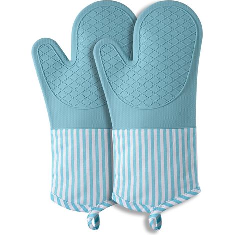Gant de Cuisine en Silicone Bleu Rayé, Gant Four Anti-Chaleur 230°C, Antidérapant, Doublure Coton, pour Micro-Ondes et Pâtisserie Domestique (1/5)