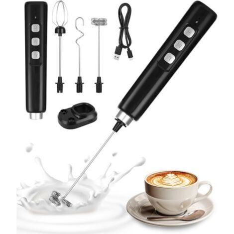 Mousseur à lait électrique, 3 fouets, 3 vitesses réglables, rechargeable par USB, avec base de chargement, pour café, cappuccino et chocolat chaud (1/4)