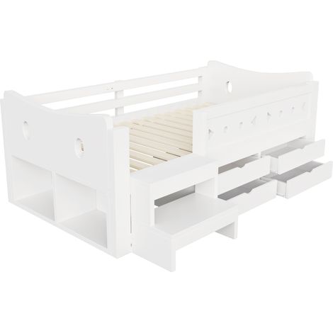 Cama infantil 90 x 200 cm blanca con almacenaje, cajones, barrera de seguridad y LED (1/5)