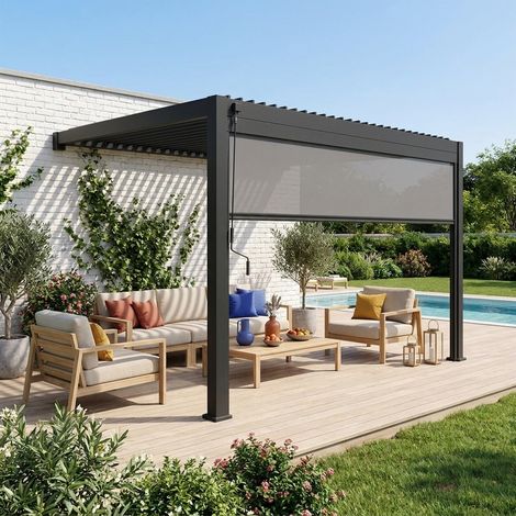 Pergola bioclimatique aluminium adossée 4x3m + 1 store 4m anthracite Triomphe (1/5)