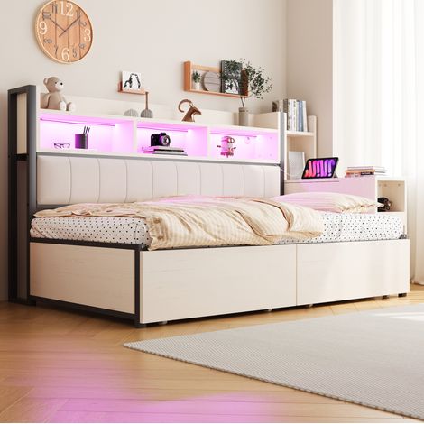 MEUBLIV Letto 90x200 cm bianco – scrivania estraibile, LED e contenitori, senza materasso (1/5)