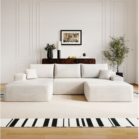 Canapé d’angle modulaire 270 cm avec méridienne en L, assise profonde, tissu blanc, REDOM (1/5)