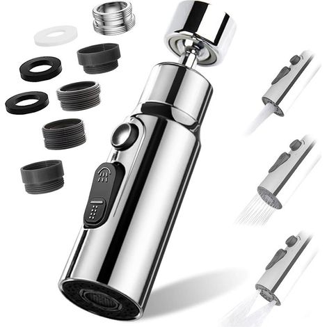 Aérateur de Robinet, 360° Pivotant Embout Robinet Cuisine avec 3 Modes Douchette Mousseur Robinet Economie Eau, Adaptateur Economiseur D'eau Pour Robinet Salle De Bain lavabo (Argent) (1/4)