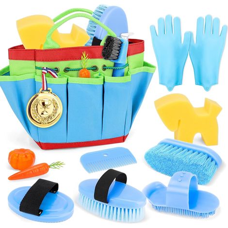 Kit Toilettage Pansage Cheval 12Pièces avec Sac Rangement Enfant(Bleu) (1/5)
