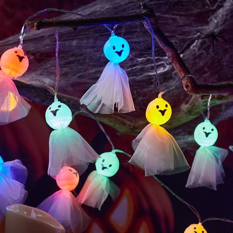 EASYCOMFORT Guirlandes lumineuses d'Halloween, 10 pieds 20 lumières LED fantômes d'Halloween, décorations d'Halloween intérieures et extérieures, alimentées par piles, étanches (couleur) (1/5)