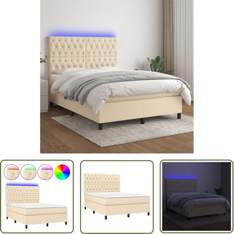 The Living Store Boxspringbett mit Matratze & LED Creme 140x200 cm Stoff - Boxspringbett - Doppelbett - Lattenrost - Bettsofa - Cremefarbenes Bett (1/5)