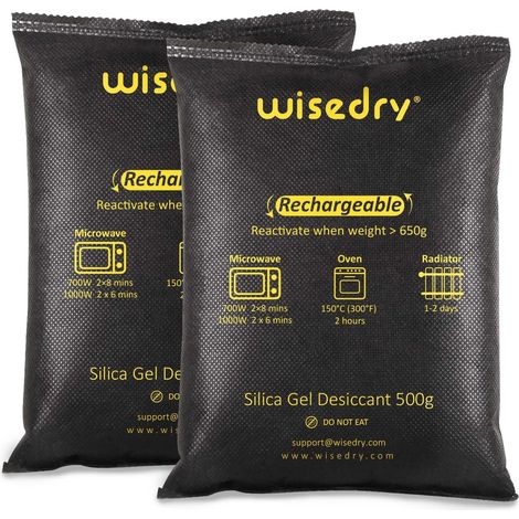 Wisedry 500 g × 2 sachets de gel de silice, adaptés au micro-ondes, absorbeurs d'humidité pour boîtes de rangement (1/5)
