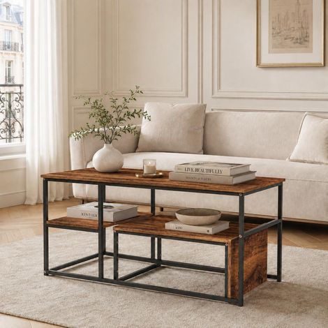 Table basse gigogne 105x52x48.5cm, Ensemble table basse et bout, Effet marbre et cadre en Bois avec étagère de rangement, Marron (1/5)