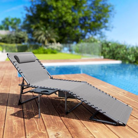 Sdraio da Giardino Pieghevole e Reclinabile a 5 Livelli con Tavolino Laterale e Tasca, 60x190x31 cm, Grigio e Nero