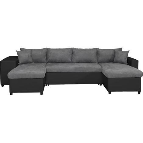 Canapé panoramique OSLO convertible avec coffres, poufs à droite en simili noir et microfibre grise