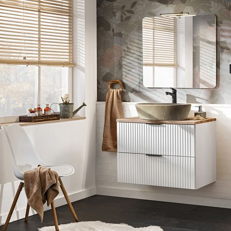 Badmöbel Set matt weiß Rillenoptik ADELAIDE-56-WHITE 80 cm Spiegel & Waschtisch mit Keramikbecken (1/5)