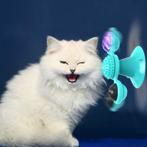 Interaktives Windmühlen-Katzenspielzeug mit LED-Lichtkugel, Katzenminze, Saugnapf und Katzen-Trainingsspielzeug in Blau.