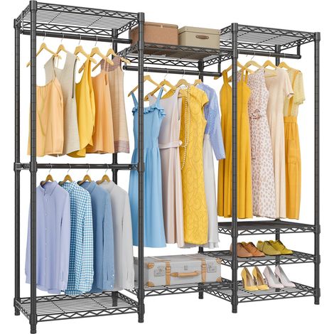 Penderie Portable Robuste, Portant à vêtements en métal avec 4 tringles de Suspension et 8 étagères, étagère de Placard personnalisée réglable, 144 x 40 x 190 cm (L x l x H), Noir (Taille (1/5)