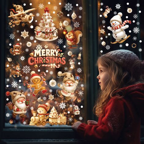 Adesivi natalizi elettrostatici, fiocchi di neve natalizi, decorazioni natalizie a forma di renna, 2030 cm, 9 fogli, effetto 3D (1/2)