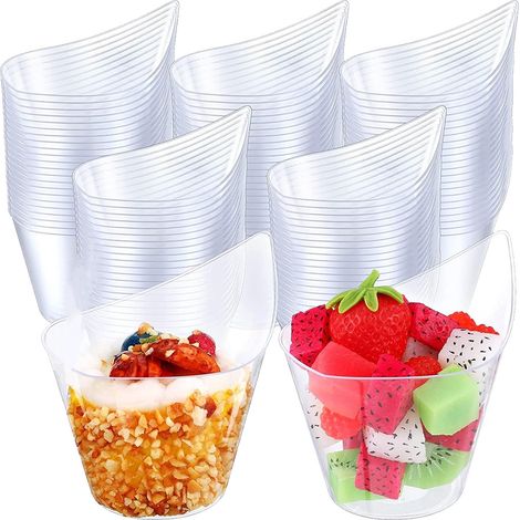50 verrines en plastique, 200 ml, rondes et incurvées, transparentes, pour parfaits et amuse-bouche, réutilisables, pour desserts, mousses et puddings.