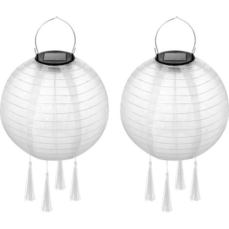 Lampion Solaire Exterieur Blanc 2 pièces, 20cm Led Solaire Lanterne papier Avec 4 franges, Nylon Étanche Suspension Jardin Lanterne Chinoise [Classe énergétique A++] (1/5)