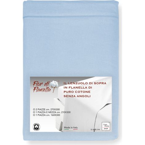 Lenzuolo Sopra in Flanella Senza Angoli Colore Azzurro - Puro Cotone Morbido Made in Italy Per Materassi Maxi e Fuori Misura Cm. 160x300 (1/4)