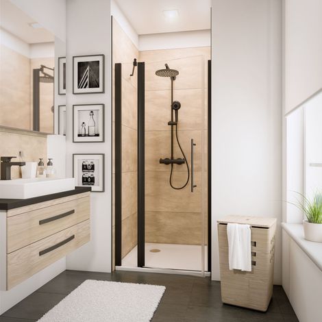 Schulte – Porte de douche pivotante 90 cm – Verre anticalcaire 5 mm – Profilé noir mat – Système autolevant – Montage réversible