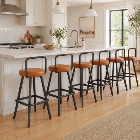 Lot de 6 tabourets de bar 37x37x90,5 cm en PU brun, dossier et repose-pieds, stable – MEUBLIV (1/5)