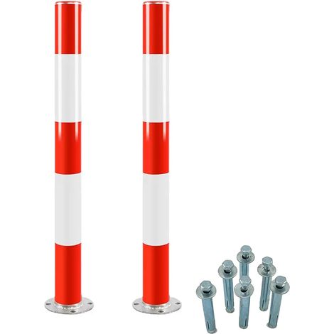 Lot de 2 Poteau de Signalisation Rouge/Blanc en Acier - Diamètre:76 mm - Hauteur: 750 mm - Poteau Parking Robuste et Stable - Avec vis de fixation (1/4)