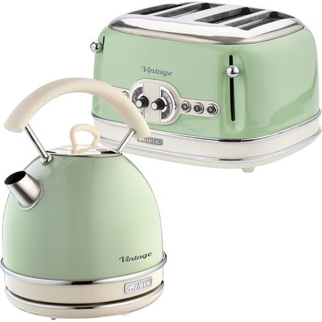 Ariete ARPK40 Retro Style Dome Kettle and 4 Slice Toaster Set, Vintage Design, Green, Stainless Steel