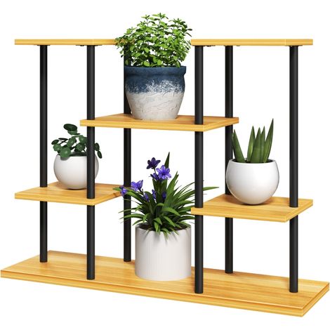 Supporto per piante da interno, scaffale a 6 ripiani, struttura in acciaio, base in legno massello, 80 x 24 x 61,5 cm, legno naturale