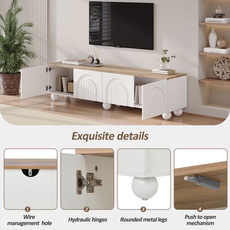 Meuble TV Blanc et bois 180x40x45 cm avec 4 portes cintrées,6 pieds en métal à boule,buffet bas et table TV Moderne