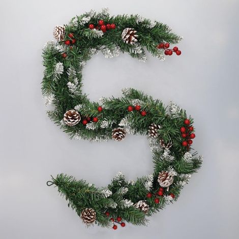 Ghirlanda natalizia "Dusia" effetto neve con agrifoglio e pigne 150 cm verde bianco marrone e rosso (non illuminata) (1/5)