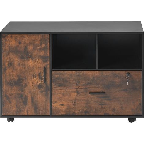 Mophorn Mobiler Holz-Aktenschrank mit offenen Fächern, abschließbarer Rollcontainer mit verstellbaren Regalböden, Druckerständer für Büro, Zuhause und Schule, rustikale Optik in Braun (1/5)