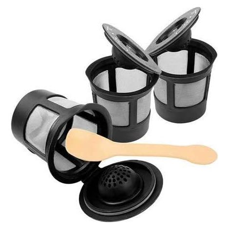 Filtro de malla de acero inoxidable ecológico, taza de filtro reutilizable (negro, 3 con cuchara)