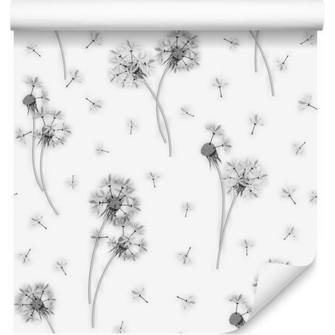 Papel pintado de flores de diente de león en blanco y negro para salón y dormitorio, 50x1000 cm. (1/5)