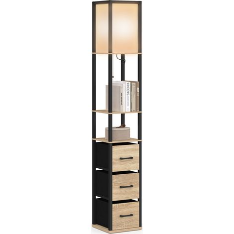 Lampadaire industriel en bois noir avec étagères bois clair 3 tiroirs tissu UTAH et abat-jour carré blanc