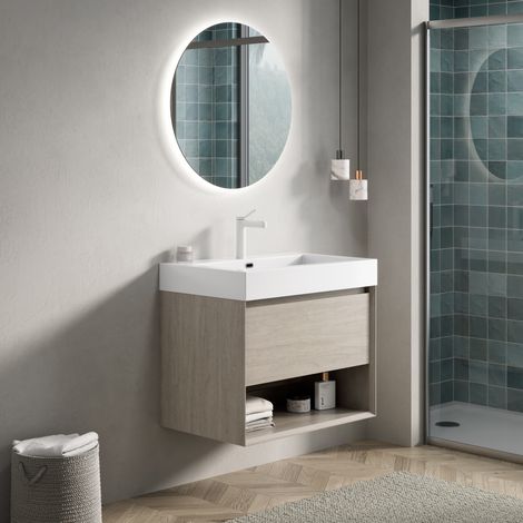 Mobile bagno con lavabo 70 cm a parete, bianco, rovere chiaro HAVRYA (1/5)
