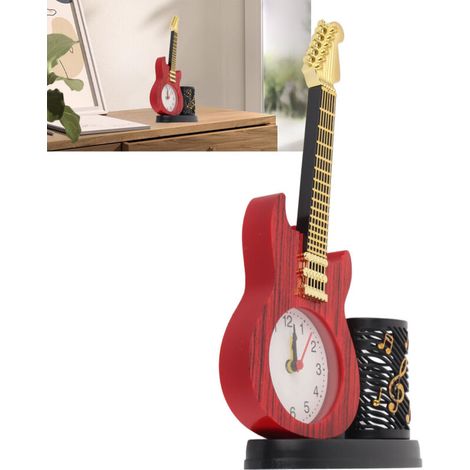 Vintage-Tischuhr in Gitarrenform mit stabiler Konstruktion, Stifthalter und Wecker, ABS-Material, Anspitzerfunktion, batteriebetrieben (AA), für Büro und Schlafzimmer (15,5 x 5 x 25 cm)