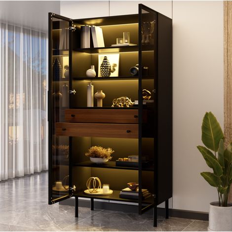 Vitrine sur pied à 2 portes vitrées avec LED contrôlable par appli, 70x36x170 cm, noire (1/5)