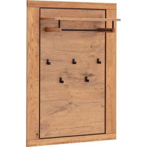 Panneau mural d'entrée avec étagère et patères coloris chêne massif huilé - Longueur 80 × Hauteur 114 × Profondeur 27 cm (1/5)