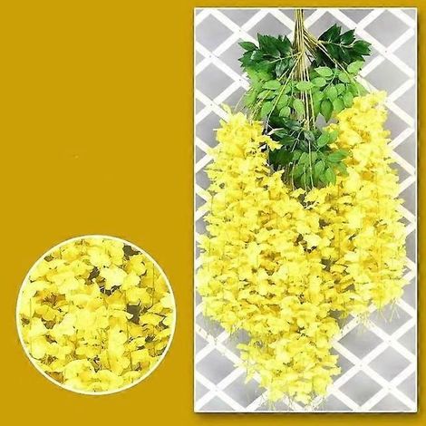 Guirlande de 12 fleurs artificielles de glycine à suspendre, en rotin, pour la décoration de la maison, du jardin et des mariages.jaune (1/5)