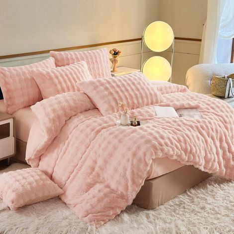 Bettwäsche 200x200 cm Plüsch Langhaar Rosa Winter Warm Kuschelig 3-teilig mit Reißverschluss