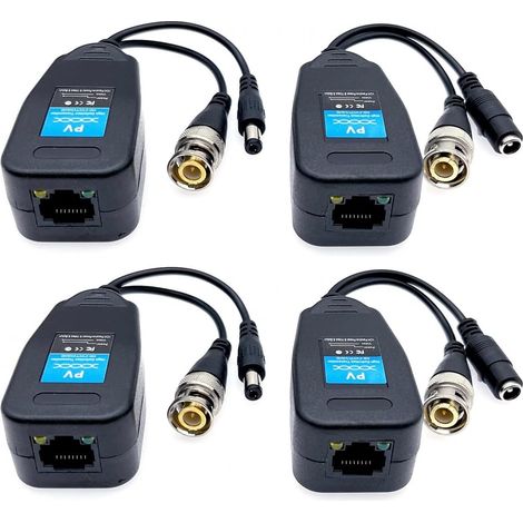 2 Paires Balun vidéo RJ45 vers BNC récepteur émetteur HD-CVI/TVI/AHD/CVBS avec connecteur alimentation pour 1080P 3MP 4MP 5MP 8MP Sécurité CCTV Système de caméra surveillance DVR, BNC vers RJ45 (1/5)