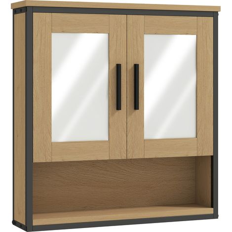 Armoire murale salle de bain avec miroir, meuble de rangement compartiment ouvert et étagère ajustable, finition chêne (1/5)