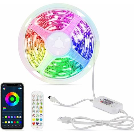Bande LED RGB 5050 de 5 m, contrôlée par télécommande et application smartphone, idéale pour la maison, la TV, la décoration de chambre et les fêtes. HIASDFLS