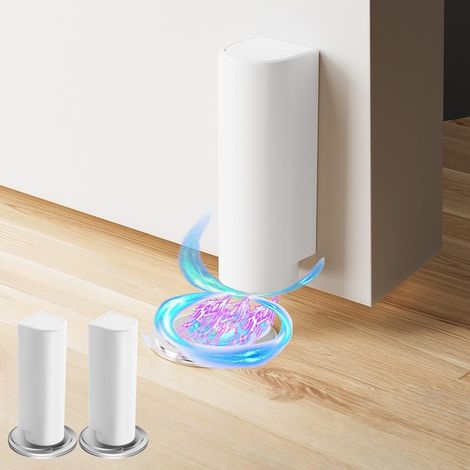 Ein Set aus zwei magnetischen Türstoppern aus Edelstahl, die lediglich starkes doppelseitiges Klebeband benötigen, in Weiß.