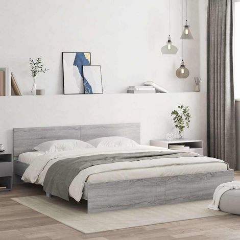 Cadre de lit 200 x 200 cm avec tête de lit et sommier à lattes, bois d’ingénierie, gris sonoma, 54.6kg - PANGIVO (1/5)