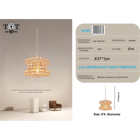 Lampadario sospeso cubo con cristalli lampada luce led attacco E27 oro argento quadrato per camera cucina soggiorno Oro