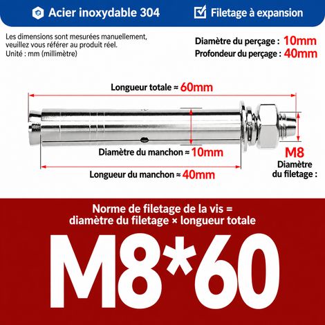 Goujon d'ancrage cheville à expansion M8x60 mm inox 304 perçage 10 mm lot de 5 m8 60 5 pièces 1 kg – Livraison gratuite