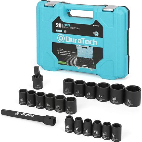 Jeu de 20 douilles à choc 1/2" – Acier chrome vanadium – Douilles hexagonales 6 points – Boîte de rangement pour réparation auto et moto – Duratech